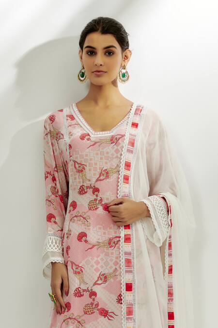 Buy Nadima Saqib Pink Crepe, Georgette, Denim Lace, Embroidery V-neck Floral Print Kurta Pant Set Online at Aza Fashions Buy_Nadima Saqib_Pink Crepe, Georgette, Denim Lace, Embroidery V-neck Floral Print Kurta Pant Set _Online_at_Aza_Fashions