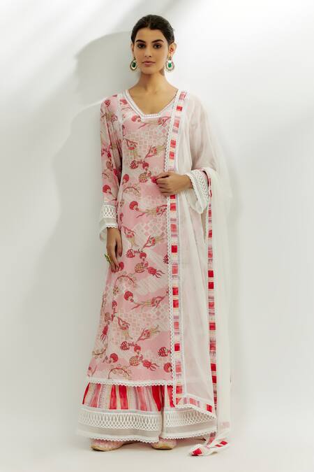 Shop Nadima Saqib Pink Crepe, Georgette, Denim Lace, Embroidery V-neck Floral Print Kurta Pant Set Online at Aza Fashions Shop_Nadima Saqib_Pink Crepe, Georgette, Denim Lace, Embroidery V-neck Floral Print Kurta Pant Set _Online_at_Aza_Fashions