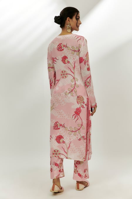 Shop Nadima Saqib Pink Crepe, Georgette, Denim Embroidery, Gota Patti, Printed Kurta Pant Set at Aza Fashions Shop_Nadima Saqib_Pink Crepe, Georgette, Denim Embroidery, Gota Patti, Printed Kurta Pant Set _at_Aza_Fashions