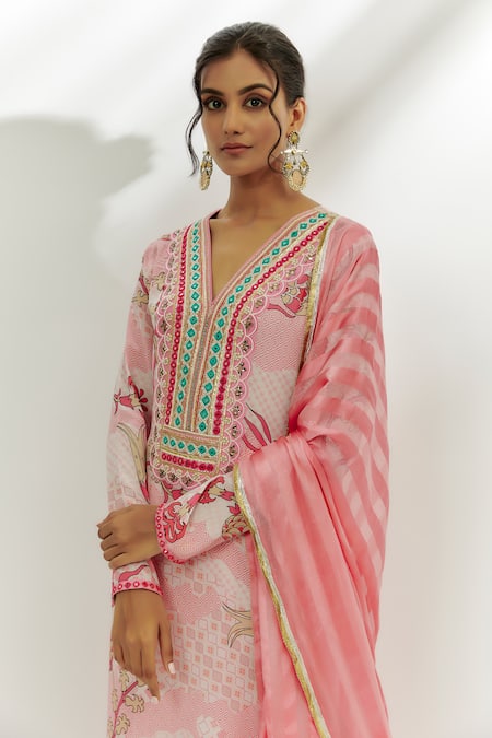 Nadima Saqib Pink Crepe, Georgette, Denim Embroidery, Gota Patti, Printed Kurta Pant Set Online at Aza Fashions Nadima Saqib_Pink Crepe, Georgette, Denim Embroidery, Gota Patti, Printed Kurta Pant Set _Online_at_Aza_Fashions