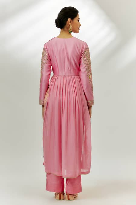 Shop Nadima Saqib Pink Chanderi, Georgette, Denim Embroidery Round Neck Zardozi Anarkali Set at Aza Fashions Shop_Nadima Saqib_Pink Chanderi, Georgette, Denim Embroidery Round Neck Zardozi Anarkali Set _at_Aza_Fashions