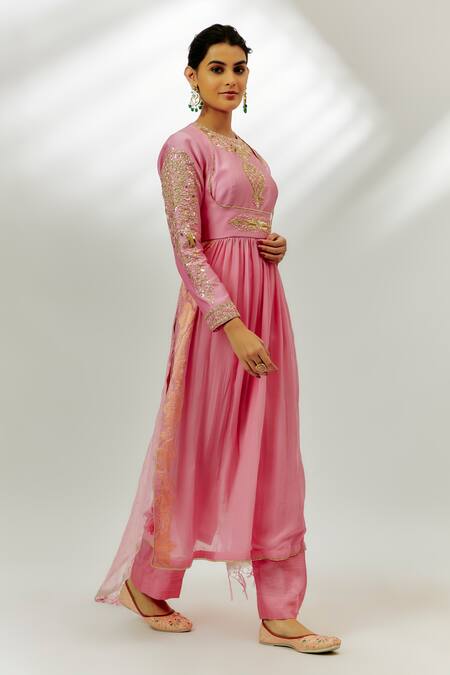 Buy Nadima Saqib Pink Chanderi, Georgette, Denim Embroidery Round Neck Zardozi Anarkali Set Online at Aza Fashions Buy_Nadima Saqib_Pink Chanderi, Georgette, Denim Embroidery Round Neck Zardozi Anarkali Set _Online_at_Aza_Fashions