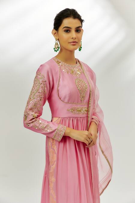 Shop Nadima Saqib Pink Chanderi, Georgette, Denim Embroidery Round Neck Zardozi Anarkali Set Online at Aza Fashions Shop_Nadima Saqib_Pink Chanderi, Georgette, Denim Embroidery Round Neck Zardozi Anarkali Set _Online_at_Aza_Fashions