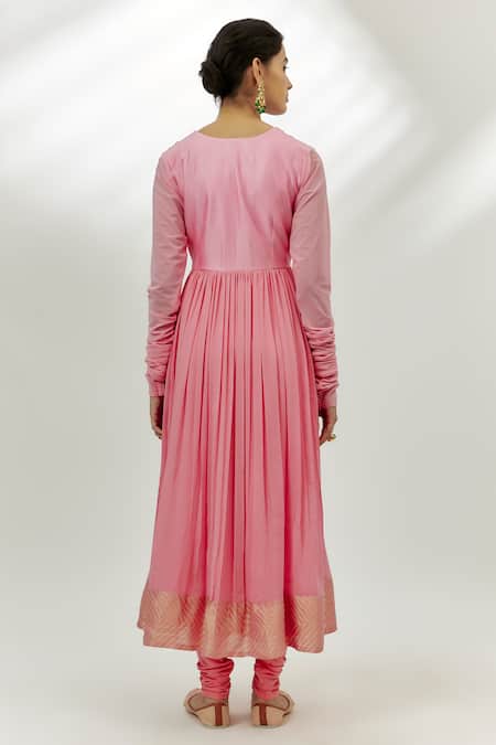 Shop Nadima Saqib Pink Chanderi, Lycra, Georgette Embroidery, Sequins V-neck Angarkha Anarkali Set at Aza Fashions Shop_Nadima Saqib_Pink Chanderi, Lycra, Georgette Embroidery, Sequins V-neck Angarkha Anarkali Set _at_Aza_Fashions