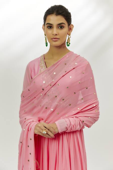Buy Nadima Saqib Pink Chanderi, Lycra, Georgette Embroidery, Sequins V-neck Angarkha Anarkali Set Online at Aza Fashions Buy_Nadima Saqib_Pink Chanderi, Lycra, Georgette Embroidery, Sequins V-neck Angarkha Anarkali Set _Online_at_Aza_Fashions