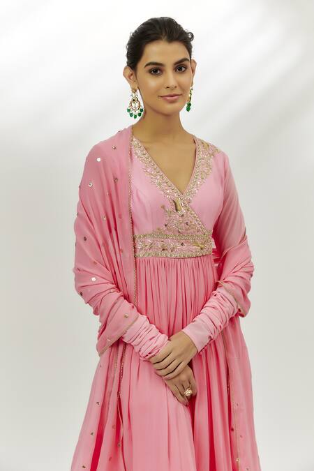 Shop Nadima Saqib Pink Chanderi, Lycra, Georgette Embroidery, Sequins V-neck Angarkha Anarkali Set Online at Aza Fashions Shop_Nadima Saqib_Pink Chanderi, Lycra, Georgette Embroidery, Sequins V-neck Angarkha Anarkali Set _Online_at_Aza_Fashions