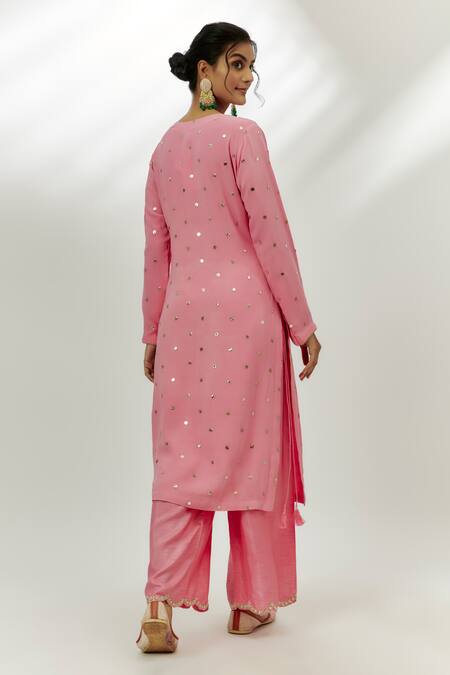 Shop Nadima Saqib Pink Georgette, Chiffon Embroidery, Zari V-neck Straight Kurta Flared Pant Set at Aza Fashions Shop_Nadima Saqib_Pink Georgette, Chiffon Embroidery, Zari V-neck Straight Kurta Flared Pant Set _at_Aza_Fashions