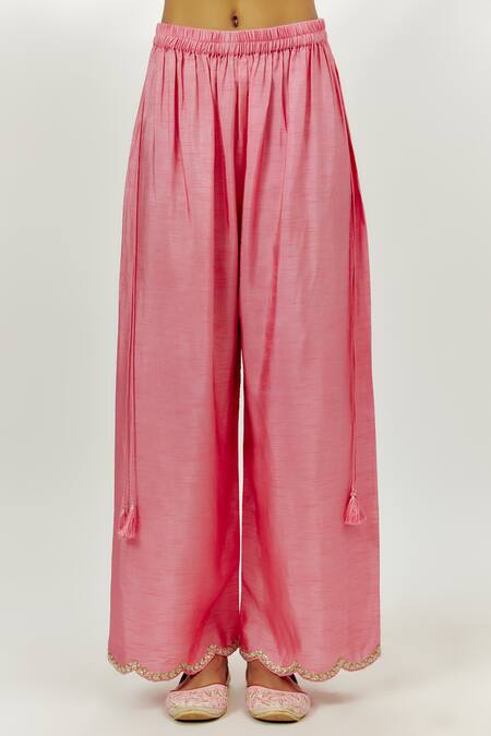 Nadima Saqib Pink Georgette, Chiffon Embroidery, Zari V-neck Straight Kurta Flared Pant Set Online at Aza Fashions Nadima Saqib_Pink Georgette, Chiffon Embroidery, Zari V-neck Straight Kurta Flared Pant Set _Online_at_Aza_Fashions