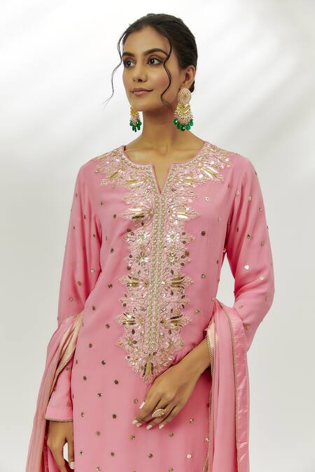 Buy Nadima Saqib Pink Georgette, Chiffon Embroidery, Zari V-neck Straight Kurta Flared Pant Set Online at Aza Fashions Buy_Nadima Saqib_Pink Georgette, Chiffon Embroidery, Zari V-neck Straight Kurta Flared Pant Set _Online_at_Aza_Fashions