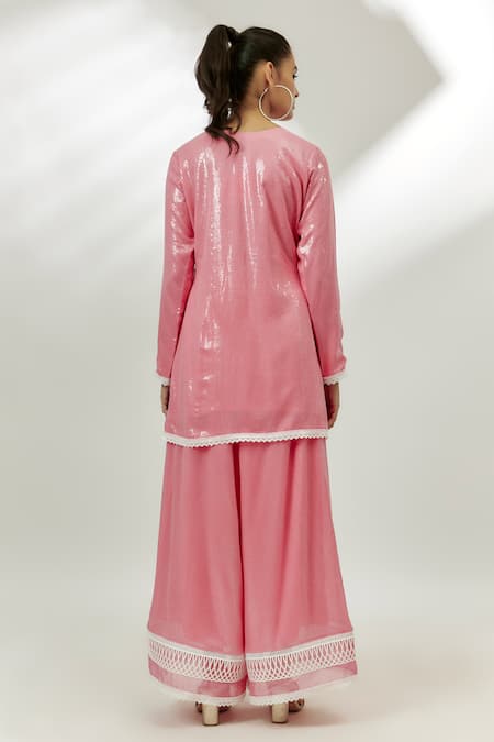 Shop Nadima Saqib Pink Georgette Sequins, Lace, Tassels Embroidered Kurta Set With Handkerchief at Aza Fashions Shop_Nadima Saqib_Pink Georgette Sequins, Lace, Tassels Embroidered Kurta Set With Handkerchief _at_Aza_Fashions