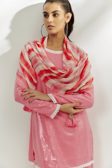 Nadima Saqib Pink Georgette Sequins, Lace, Tassels Embroidered Kurta Set With Handkerchief Online at Aza Fashions Nadima Saqib_Pink Georgette Sequins, Lace, Tassels Embroidered Kurta Set With Handkerchief _Online_at_Aza_Fashions