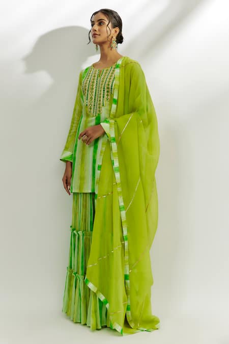 Nadima Saqib Green Kurta Dupion Printed Mirror Notched Round Embroidered Garara Set