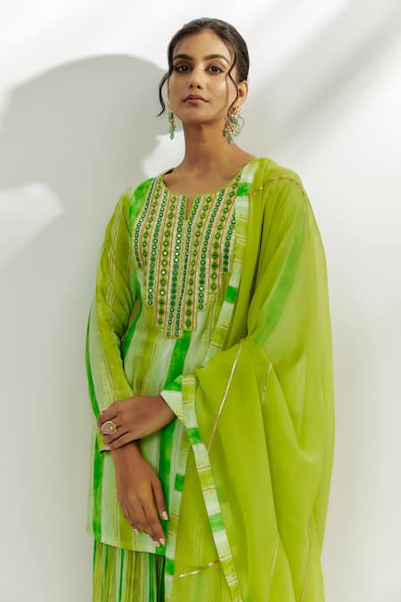 Nadima Saqib Green Cotton, Organza, Silk Gota Patti, Mirrors Embroidered Kurta Garara Set Online at Aza Fashions Nadima Saqib_Green Cotton, Organza, Silk Gota Patti, Mirrors Embroidered Kurta Garara Set _Online_at_Aza_Fashions
