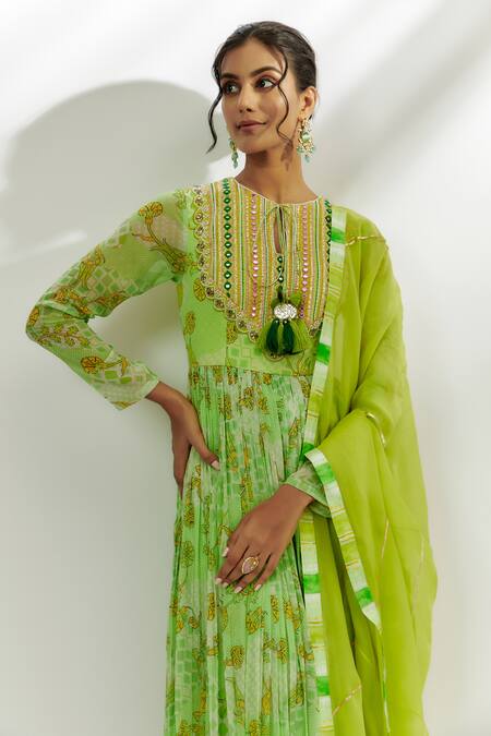 Nadima Saqib Green Georgette, Organza, Denim Embroidery, Gota Patti, Anarkali Pant Set Online at Aza Fashions Nadima Saqib_Green Georgette, Organza, Denim Embroidery, Gota Patti, Anarkali Pant Set _Online_at_Aza_Fashions