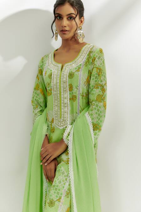 Shop Nadima Saqib Green Crepe, Georgette, Denim Embroidery, Lace, Sequins Floral Print Kurta Set at Aza Fashions Shop_Nadima Saqib_Green Crepe, Georgette, Denim Embroidery, Lace, Sequins Floral Print Kurta Set _at_Aza_Fashions