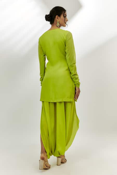 Shop Nadima Saqib Green Satin, Net, Cotton, Organza Gota Patti, Mirrors, Short Kurta Set at Aza Fashions Shop_Nadima Saqib_Green Satin, Net, Cotton, Organza Gota Patti, Mirrors, Short Kurta Set _at_Aza_Fashions