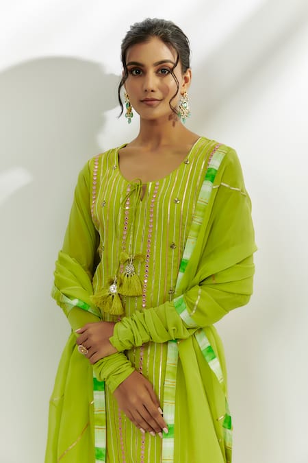 Nadima Saqib Green Satin, Net, Cotton, Organza Gota Patti, Mirrors, Short Kurta Set Online at Aza Fashions Nadima Saqib_Green Satin, Net, Cotton, Organza Gota Patti, Mirrors, Short Kurta Set _Online_at_Aza_Fashions