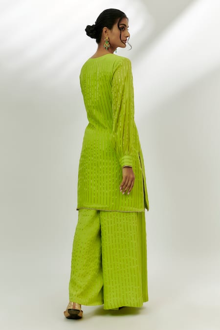 Shop Nadima Saqib Green Georgette, Organza Embroidery Round Neck Kurta Flared Pant Set at Aza Fashions Shop_Nadima Saqib_Green Georgette, Organza Embroidery Round Neck Kurta Flared Pant Set _at_Aza_Fashions