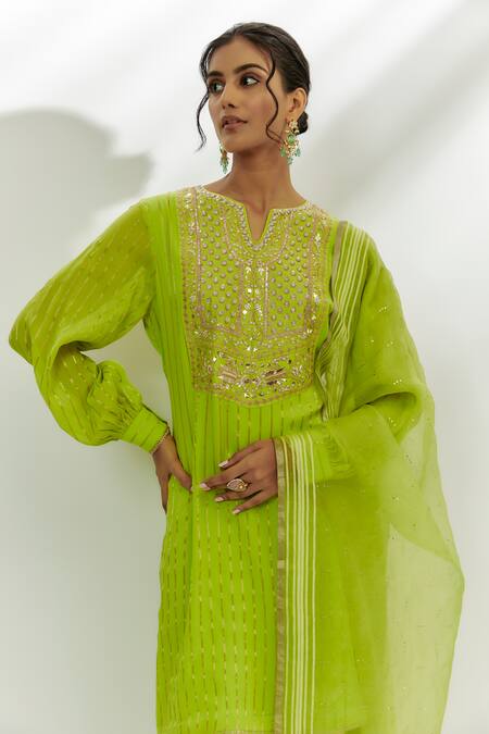 Nadima Saqib Green Georgette, Organza Embroidery Round Neck Kurta Flared Pant Set Online at Aza Fashions Nadima Saqib_Green Georgette, Organza Embroidery Round Neck Kurta Flared Pant Set _Online_at_Aza_Fashions