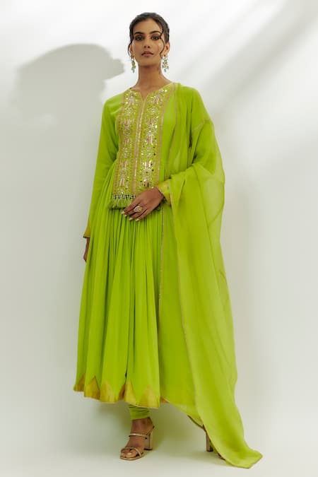 Nadima Saqib Green Anarkali Georgette Embroidered Marodi Notched Round Yoke Set 