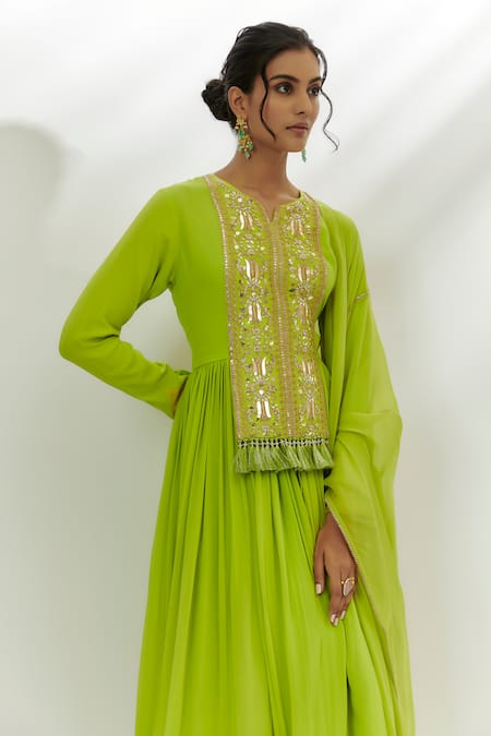Nadima Saqib Green Georgette, Lycra, Organza Embroidery Round Neck Yoke Anarkali Set Online at Aza Fashions Nadima Saqib_Green Georgette, Lycra, Organza Embroidery Round Neck Yoke Anarkali Set _Online_at_Aza_Fashions