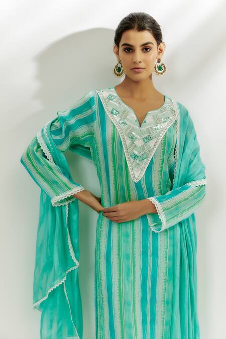 Buy_Nadima Saqib_Blue Cotton, Satin Sequins, Lace Round Neck Embroidered Kurta Palazzo Set _Online_at_Aza_Fashions