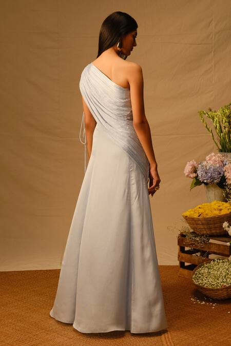 Shop_Aroka_Blue Modal, Satin, Voile One Shoulder Zuri Ruched Dress_at_Aza_Fashions