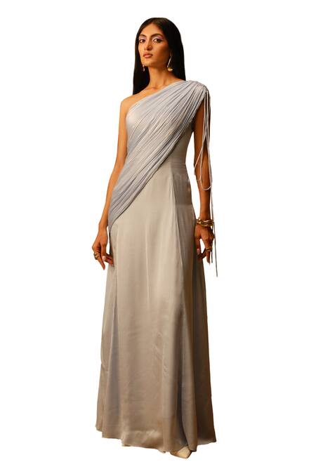 Aroka_Blue Modal, Satin, Voile One Shoulder Zuri Ruched Dress_Online_at_Aza_Fashions