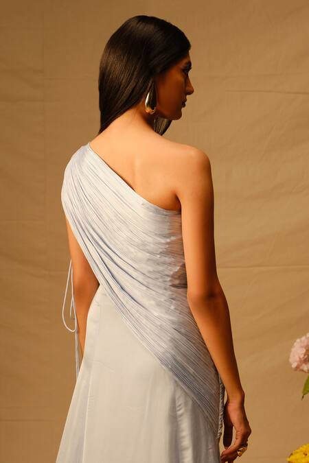 Aroka_Blue Modal, Satin, Voile One Shoulder Zuri Ruched Dress_at_Aza_Fashions