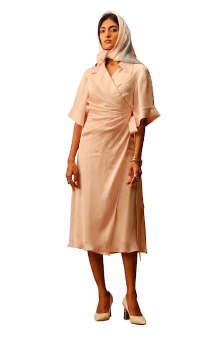 Aroka_Pink Modal, Satin Asymmetric Sofia Shirt Wrap Dress_Online_at_Aza_Fashions