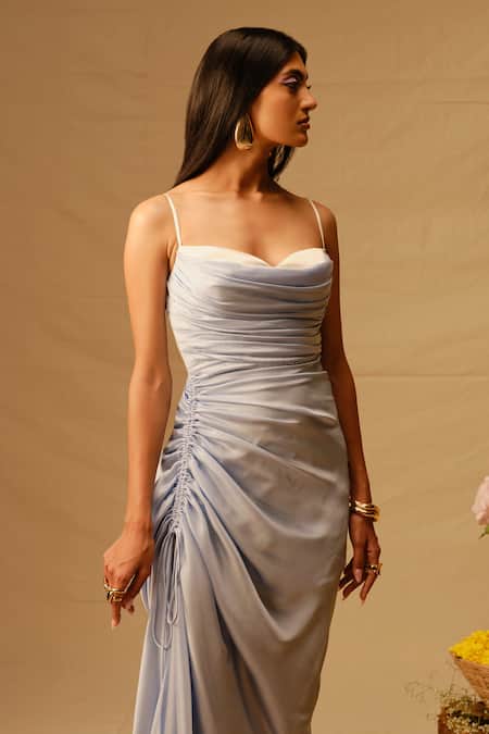 Aroka_Blue Modal, Satin, Voile Cowl Neck Iris Draped Slit Dress_at_Aza_Fashions