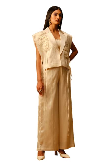 Buy_Aroka_Ivory Velvet, Voile Molly Pintuck Wide Leg Pant_Online_at_Aza_Fashions
