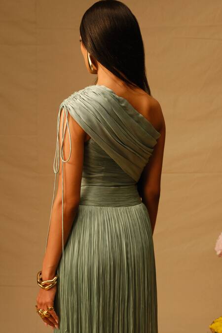 Shop Aroka Green Modal, Satin, Voile Mia Ruched Slit Skirt at Aza Fashions Shop_Aroka_Green Modal, Satin, Voile Mia Ruched Slit Skirt_at_Aza_Fashions