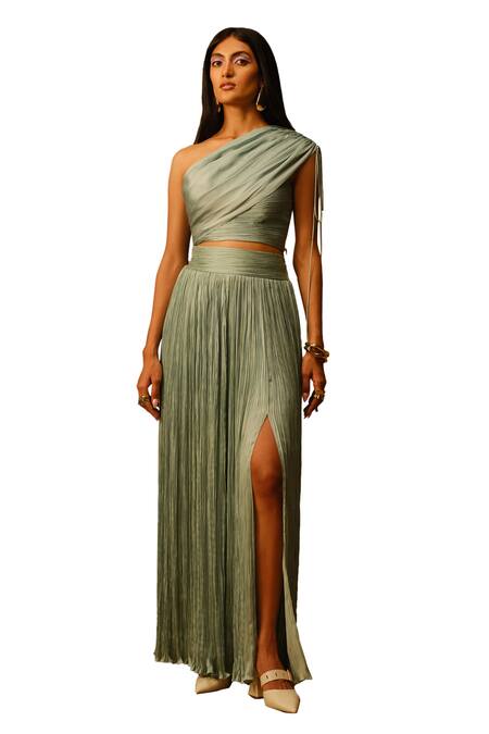 Aroka Green Modal, Satin, Voile Mia Ruched Slit Skirt Online at Aza Fashions Aroka_Green Modal, Satin, Voile Mia Ruched Slit Skirt_Online_at_Aza_Fashions