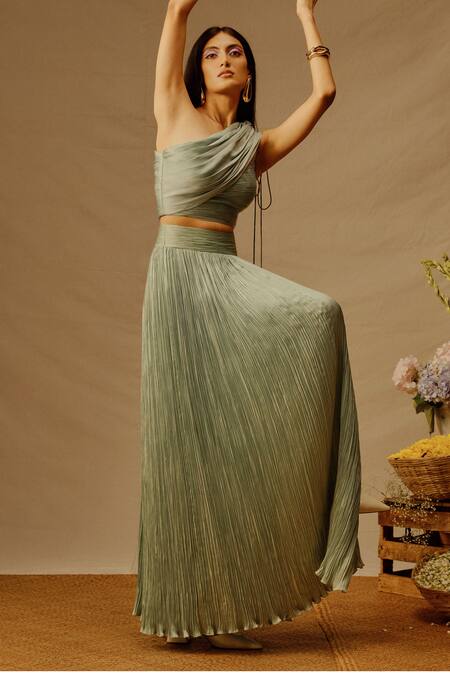 Shop Aroka Green Modal, Satin, Voile Mia Ruched Slit Skirt Online at Aza Fashions Shop_Aroka_Green Modal, Satin, Voile Mia Ruched Slit Skirt_Online_at_Aza_Fashions