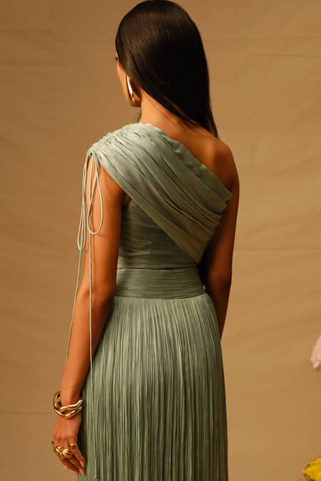 Shop_Aroka_Green Modal Satin One Shoulder Mia Ruched Crop Top _at_Aza_Fashions