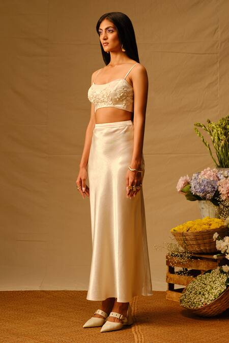 Shop Aroka Ivory Velvet Embroidery Scoop Neck Rose Crop Top Online at Aza Fashions Shop_Aroka_Ivory Velvet Embroidery Scoop Neck Rose Crop Top_Online_at_Aza_Fashions