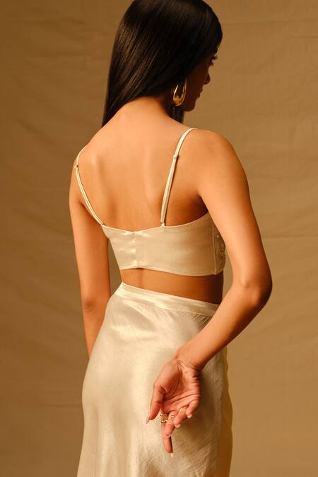 Buy Aroka Ivory Velvet Embroidery Scoop Neck Rose Crop Top Buy_Aroka_Ivory Velvet Embroidery Scoop Neck Rose Crop Top