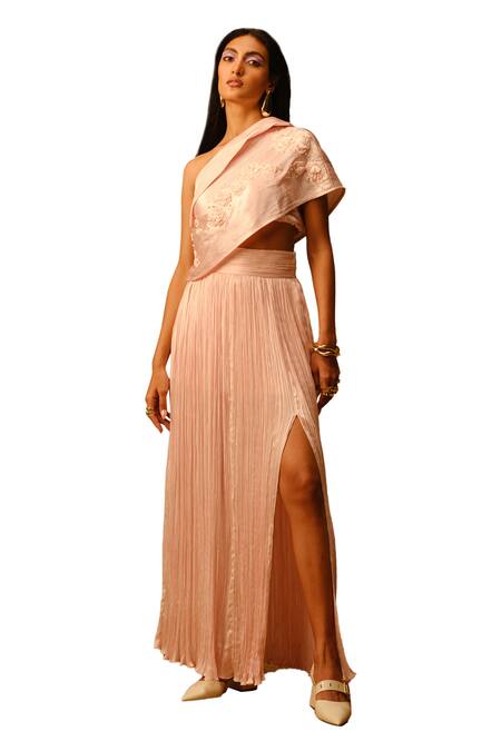 Aroka Pink Velvet Embroidery One Shoulder Peony Crop Top Online at Aza Fashions Aroka_Pink Velvet Embroidery One Shoulder Peony Crop Top_Online_at_Aza_Fashions