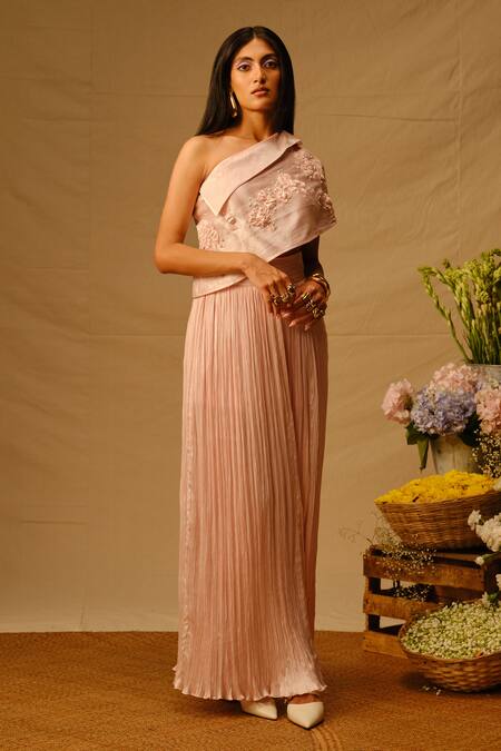 Aroka Pink Velvet Embroidery One Shoulder Peony Crop Top at Aza Fashions Aroka_Pink Velvet Embroidery One Shoulder Peony Crop Top_at_Aza_Fashions