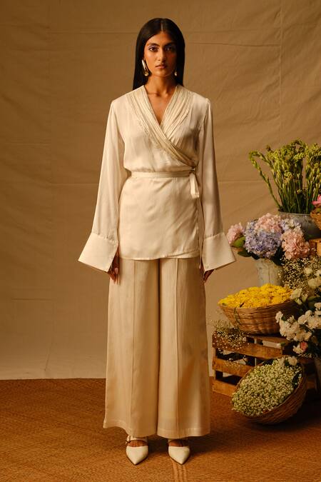 Aroka_Ivory Modal, Satin V-neck Sarah Ruched Wrap Shirt_Online_at_Aza_Fashions