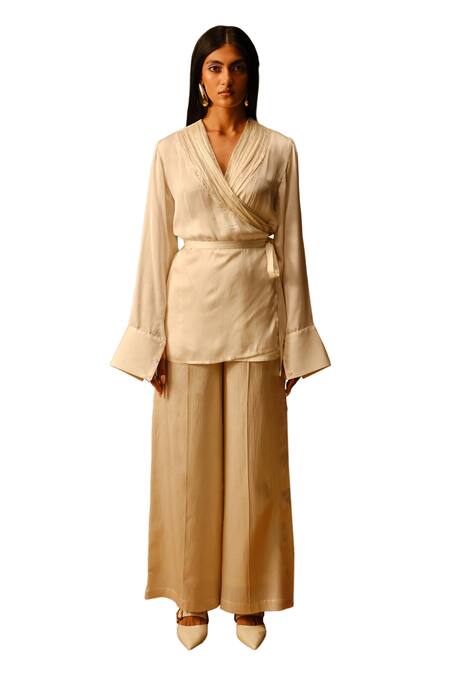 Buy_Aroka_Ivory Modal, Satin V-neck Sarah Ruched Wrap Shirt_Online_at_Aza_Fashions