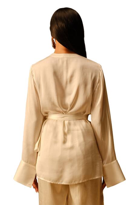 Aroka_Ivory Modal, Satin V-neck Sarah Ruched Wrap Shirt_at_Aza_Fashions