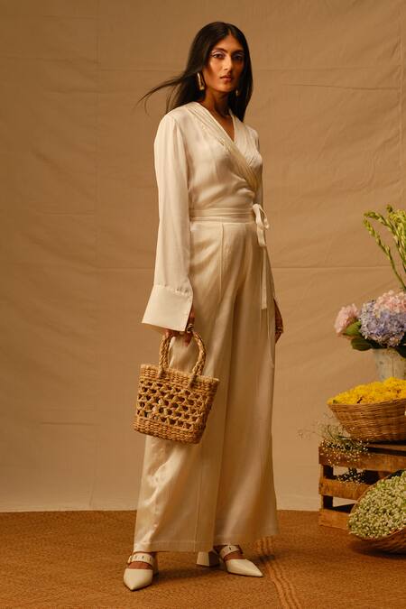 Buy_Aroka_Ivory Modal, Satin V-neck Sarah Ruched Wrap Shirt