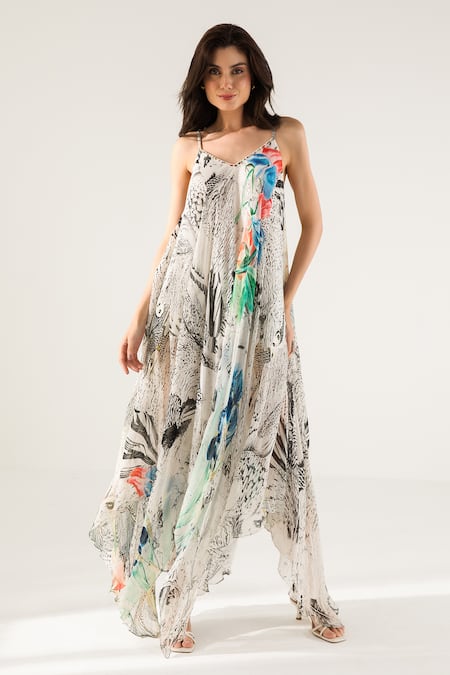 REENA SHARMA Off White Viscose Crinkled Chiffon Printed Advika Asymmetric Maxi Dress 