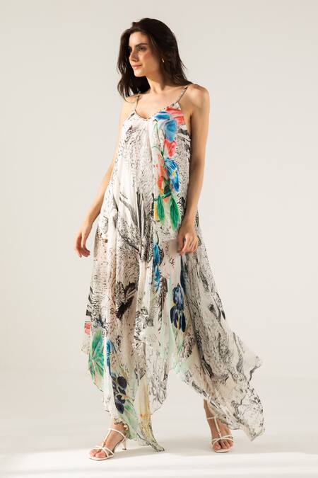 Reena Sharma Off White Viscose, Cotton Beads, Advika Abstract Print Asymmetric Maxi Dress Online at Aza Fashions Reena Sharma_Off White Viscose, Cotton Beads, Advika Abstract Print Asymmetric Maxi Dress _Online_at_Aza_Fashions