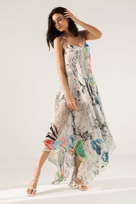 Buy Reena Sharma Off White Viscose, Cotton Beads, Advika Abstract Print Asymmetric Maxi Dress Online at Aza Fashions Buy_Reena Sharma_Off White Viscose, Cotton Beads, Advika Abstract Print Asymmetric Maxi Dress _Online_at_Aza_Fashions