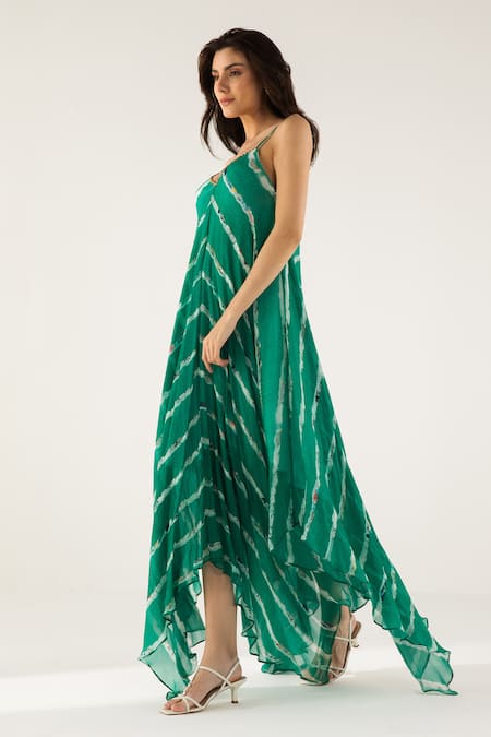 Reena Sharma_Emerald Green Cotton, Advika Abstract Striped Print Asymmetric Maxi Dress _Online_at_Aza_Fashions