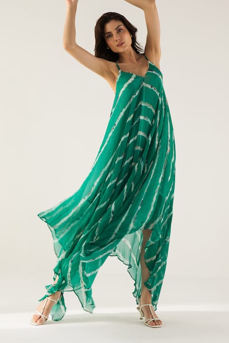 Buy_Reena Sharma_Emerald Green Cotton, Advika Abstract Striped Print Asymmetric Maxi Dress _Online_at_Aza_Fashions