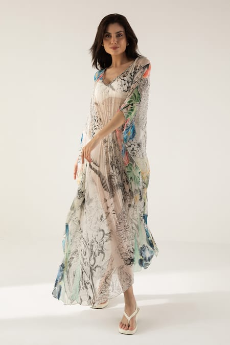 Reena Sharma_Off White Viscose, Chiffon Sequins, Beads V-neck Advika Abstract Print Kaftan _Online_at_Aza_Fashions